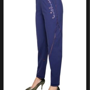 Alba All Day Wear Elegant Blue Embroidered Women's Pants, XL